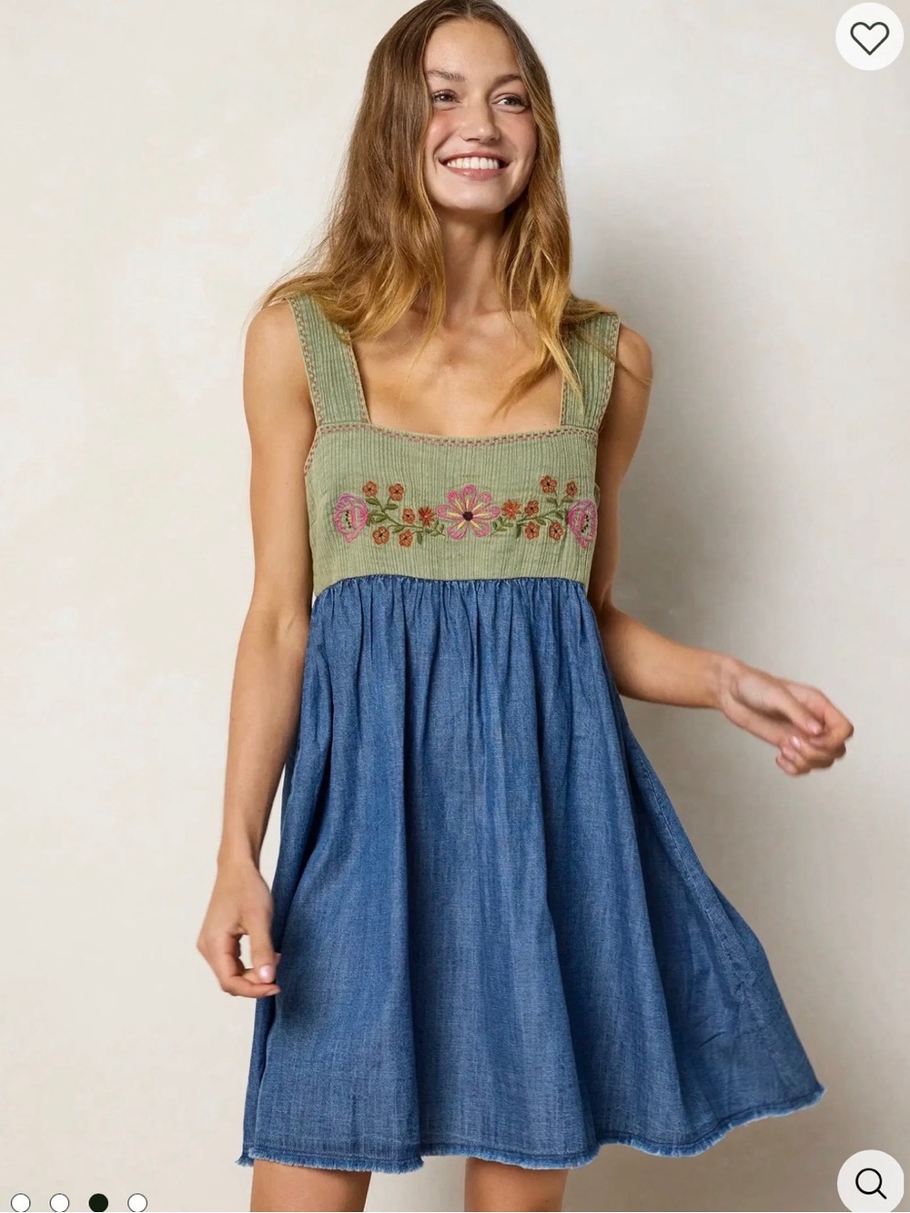 NATURAL LIFE Olive Embroidered Bodice Denim Mini Dress
